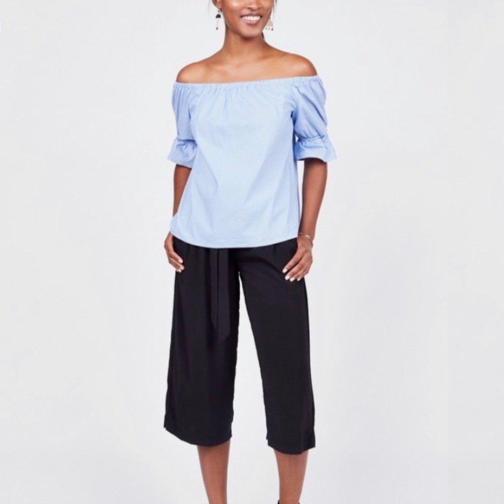 Medium over shoulder pinstripe smocked top